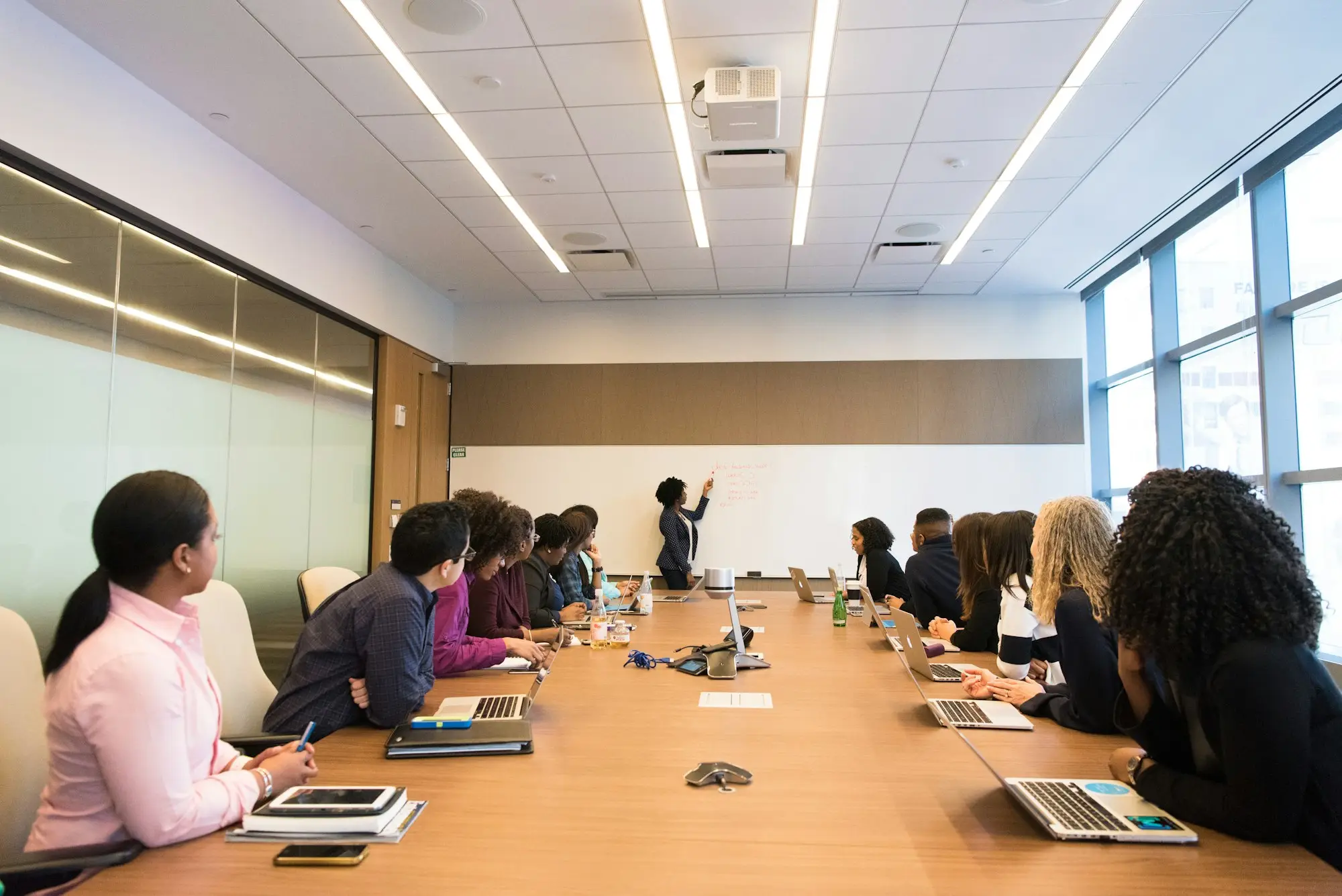 Management team meeting around a long boardroom table